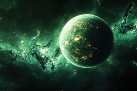 A glowing green planet floats in a dark cosmic setting surrounded by vibrant galaxies and twinkling stars.の写真素材