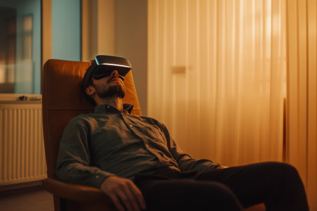 A person sits comfortably in an armchair, immersed in a virtual reality experience while surrounded by soft light.の写真素材