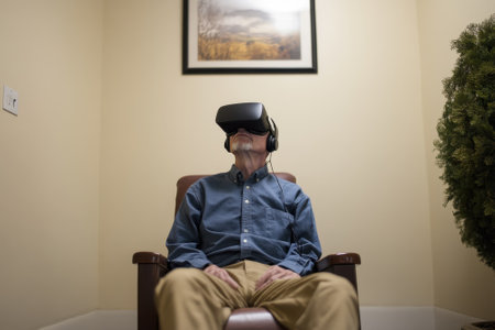 An older man sits comfortably in a chair, engaged with a virtual reality headset, exploring digital landscapes.の写真素材