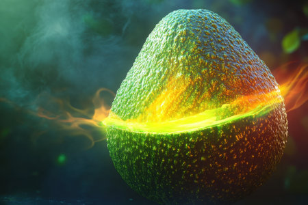 A vibrant avocado appears to glow energetically against a colorful, swirling background, creating a surreal effect.の写真素材