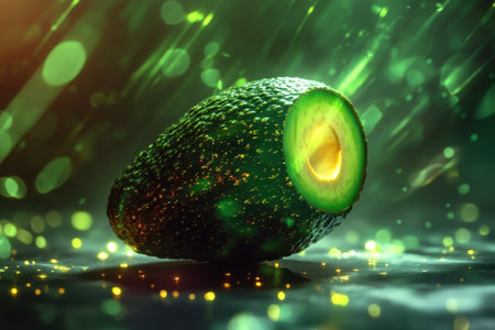 An avocado is illuminated by colorful lights, creating a magical atmosphere around it.の写真素材
