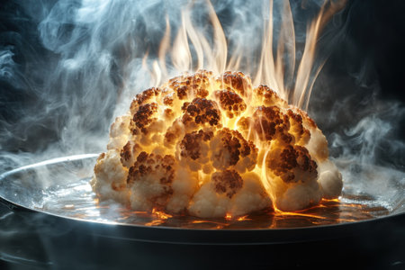 Cauliflower cooks rapidly in a pan, releasing steam and creating an impressive burst of flames.の写真素材