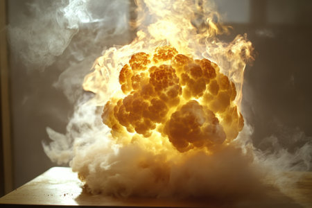 A large fireball explosion produces intense light and billowing smoke, showing a test in a lab setting.の写真素材