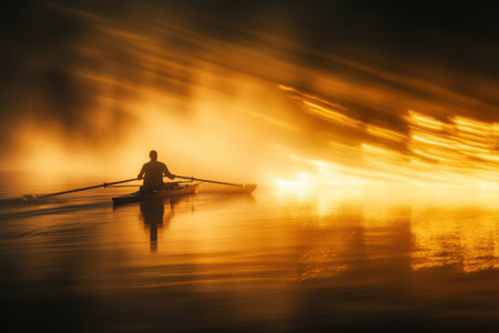 A person rows a small boat through shimmering water, framed by golden light and soft mist during sunset.の写真素材