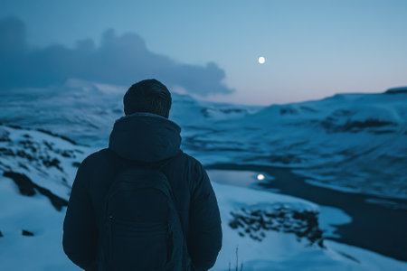A solitary figure stands on a snowy hill, watching the moon rise over a serene, icy landscape at dusk.の写真素材