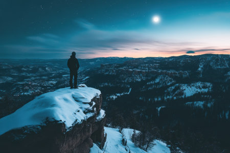 A person stands on a snowy cliff edge, gazing at a breathtaking dusk view of a valley illuminated by the moon.の写真素材