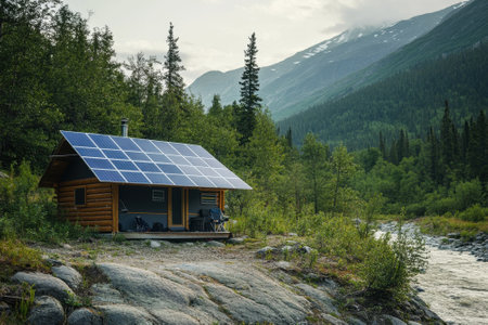 A sustainable cabin equipped with solar panels rests next to a flowing river, surrounded by lush greenery and mountains.の写真素材