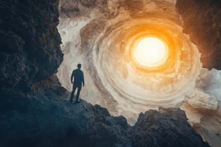 A person observes a glowing circular opening in the cave, illuminated by warm sunset light.の写真素材