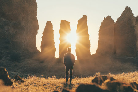 A person stands in awe before towering rock formations as the sun sets behind them, creating a magical atmosphere.の写真素材