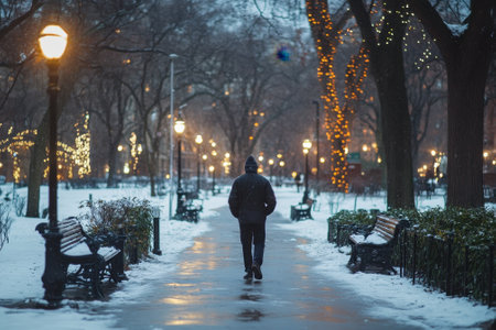A person walks alone on a snow-covered path in a park, surrounded by benches and glowing lights.の写真素材