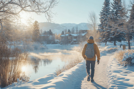 A person strolls along a snowy path next to a calm lake, surrounded by frosty trees at dawn.の写真素材