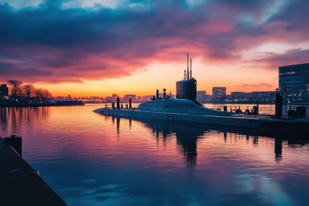 A submarine is docked at a city waterfront during sunset, with vibrant clouds creating reflections in the calm water.の写真素材