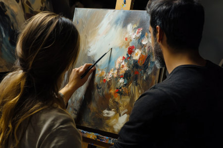 Two artists work together on a floral canvas, sharing techniques and creativity in an inviting studio space.の写真素材