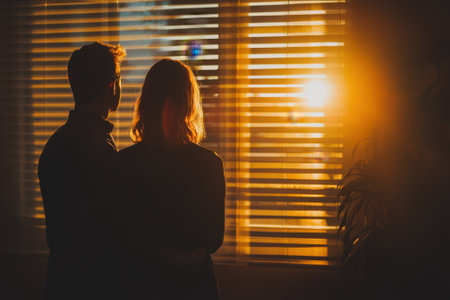 Two individuals embrace as the sun sets, casting warm light through partially closed blinds.の写真素材