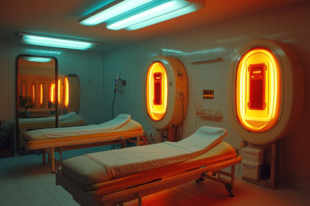 A sleek treatment room features two beds and glowing machines, providing a calming atmosphere for patients.の写真素材
