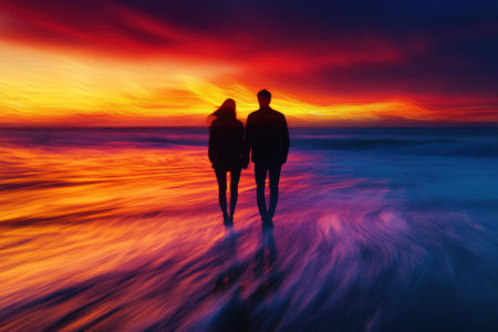 Couple strolls along the shore at sunset, surrounded by vibrant colors reflecting on the water.の写真素材