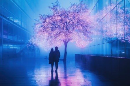 Two figures walk hand in hand beneath vibrant cherry blossoms illuminated by soft lights in a foggy cityscape.の写真素材