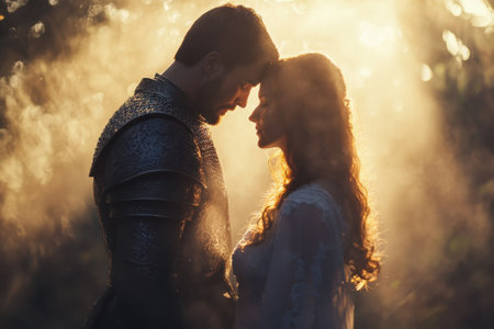 A knight and a lady share a tender moment surrounded by soft light and mist, capturing love and connection.の写真素材