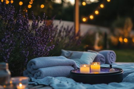 Soft towels lay next to flickering candles, creating a tranquil atmosphere amid blooming lavender in the evening.の写真素材