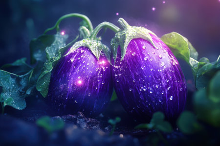 Two purple eggplants covered in droplets rest among green leaves, glistening under soft light in the garden.の写真素材