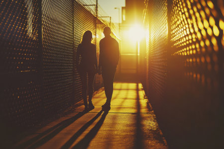 A couple strolls together on a pathway surrounded by a fence as the sun sets in the background.の写真素材