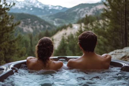Two people enjoy a warm soak in a hot tub with stunning mountain views and lush greenery around them.の写真素材