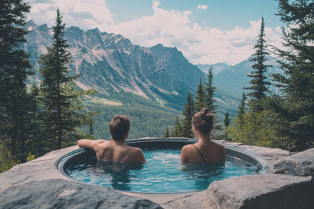Two individuals enjoy a hot tub surrounded by towering mountains and lush green trees during a sunny afternoon.の写真素材
