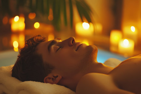 A young man enjoys relaxation at a spa with soothing candles and soft lighting surrounding him.の写真素材