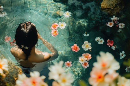 A person enjoys a tranquil moment in a pool filled with colorful flowers, soaking in the warm sunshine.の写真素材