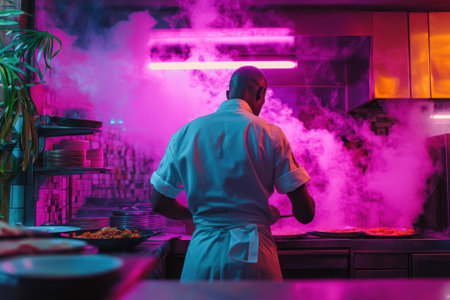 A skilled chef cooks in a lively kitchen illuminated by neon lights and surrounded by smoke effects.の写真素材