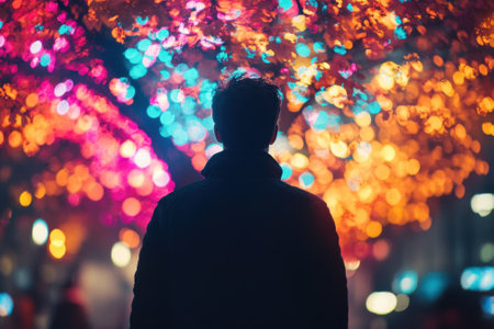 A person stands in silhouette against vibrant, colorful lights from trees at night, creating a magical atmosphere.の写真素材
