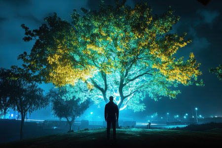 A person stands still under a brightly lit tree at night, creating a serene atmosphere against the dark sky.の写真素材