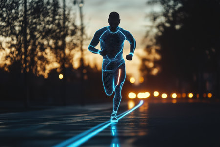 A person runs along a city street, illuminated by glowing blue lines as the sun sets in the background.の写真素材