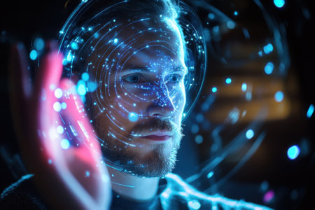 A man engages with a holographic display, showing bright patterns and a futuristic atmosphere in low light.の写真素材