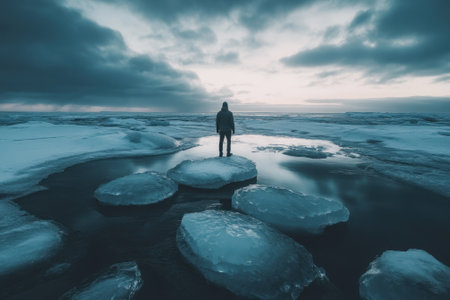 A person stands on icy formations by a cold water body, reflecting the twilight sky filled with clouds.の写真素材