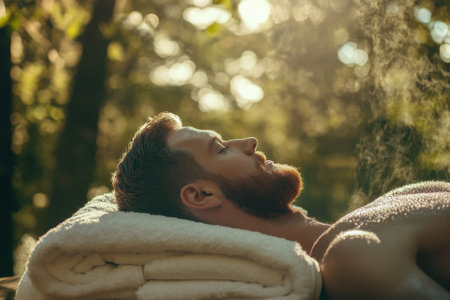 A man rests peacefully on towels in a tranquil forest, enjoying the warm sunlight filtering through the trees.の写真素材