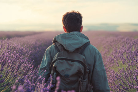 A person walks through vibrant lavender fields during sunset, surrounded by nature's beauty and serenity.の写真素材