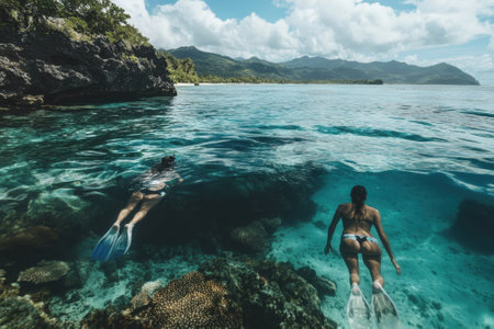 Two individuals are snorkeling in serene waters, exploring vibrant coral reefs under a bright sky.の写真素材