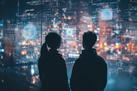 Two individuals admire a vibrant digital cityscape illuminated by colorful lights at night.の写真素材