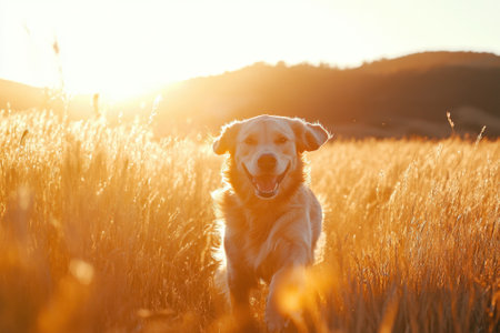 A joyful golden retriever sprints through a golden grassy field at sunset, enjoying the vibrant atmosphere.の素材