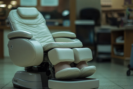 Comfortable massage chair awaits clients seeking relaxation in a serene wellness center.の写真素材