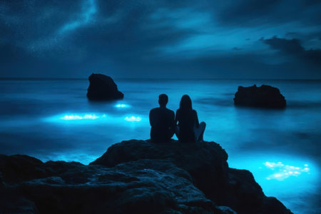 A couple sits on rocky shore, admiring bioluminescent waves and a star-filled sky at night.の写真素材