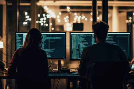 Two programmers code on dual monitors in a dimly lit office filled with ambient lights at night.の写真素材
