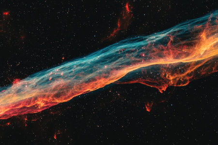 A vibrant nebula glows in the night sky with shades of blue, orange, and red, revealing cosmic beauty.の写真素材