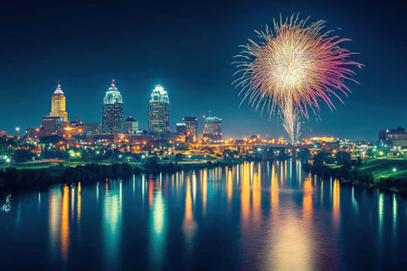 Fireworks burst in the night sky above a vibrant city skyline, reflecting on the river below.の写真素材