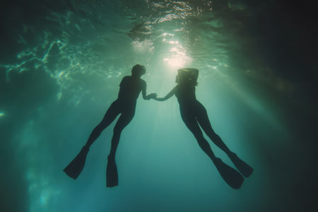 Two individuals in wetsuits glide through clear water, holding hands and enjoying an underwater adventure.の写真素材