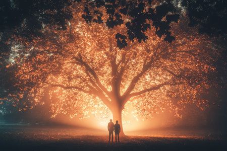 Two people stand beneath a majestic tree illuminated by warm lights, surrounded by autumn foliage.の写真素材