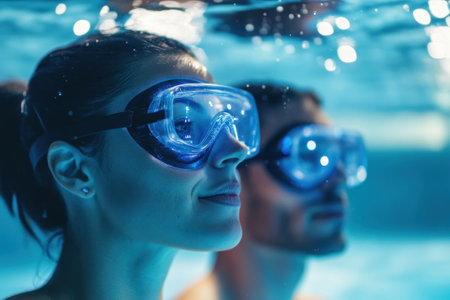 Two individuals in dive masks gaze upward while submerged in a clear swimming pool during daytime.の写真素材