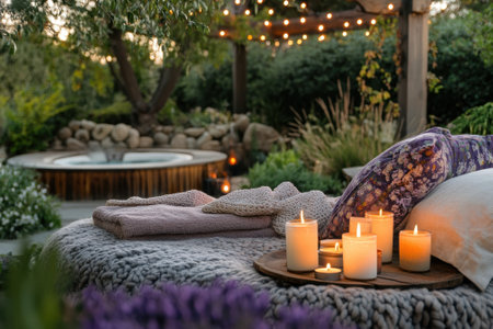 This inviting outdoor area features soft blankets, candles glowing warmly, and a hot tub nestled among lush plants.の写真素材