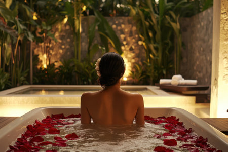 A woman enjoys a soothing bath surrounded by rose petals in a serene spa environment with soft lighting.の写真素材